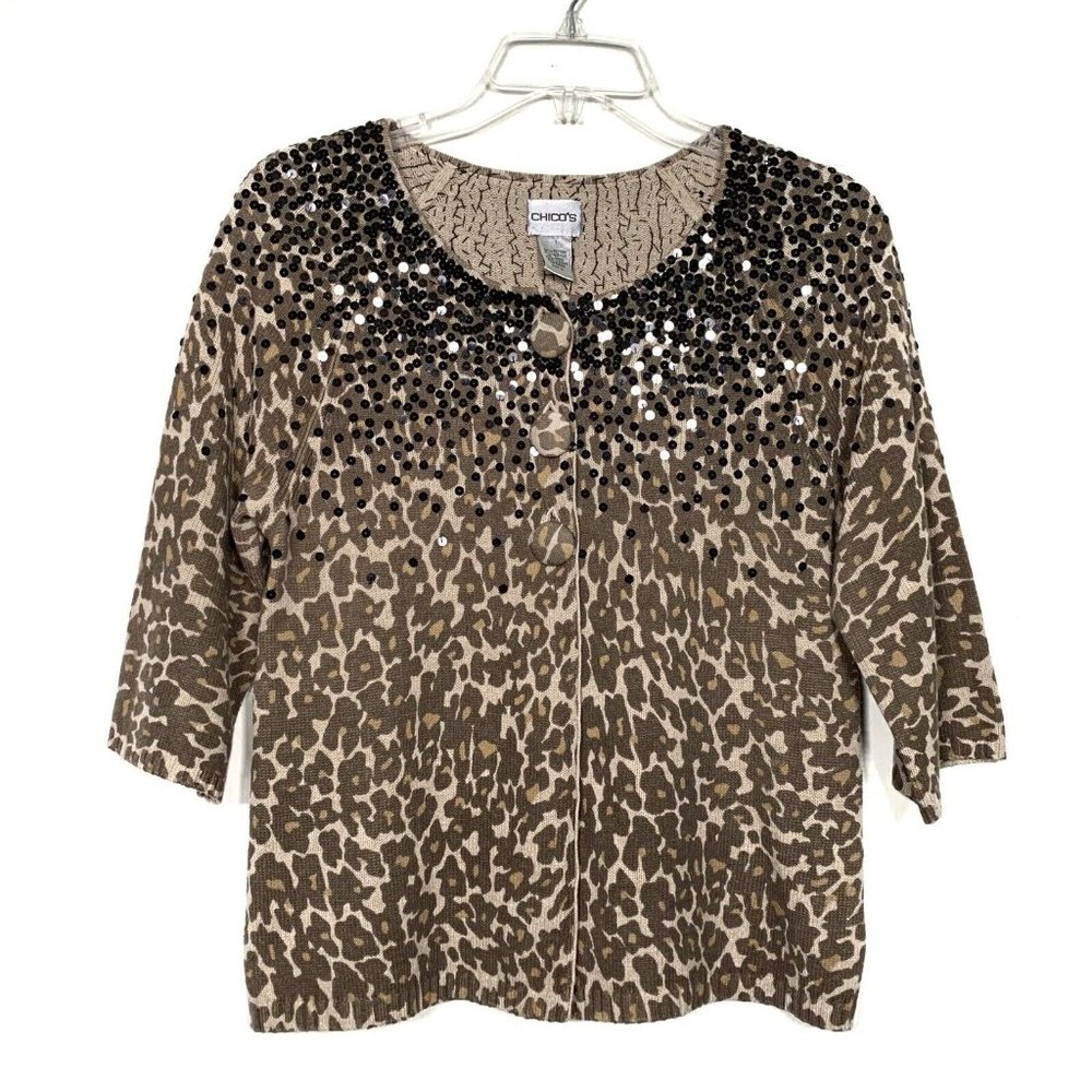 Chico’s Women’s Three Button Sequin Cardigan Knit Sweater Animal Print
